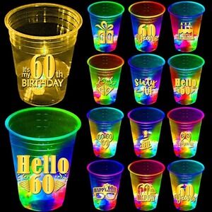 60th Birthday Glow‎ In The Dark Party Cups - Fun Sixtieth Celebration Supplies